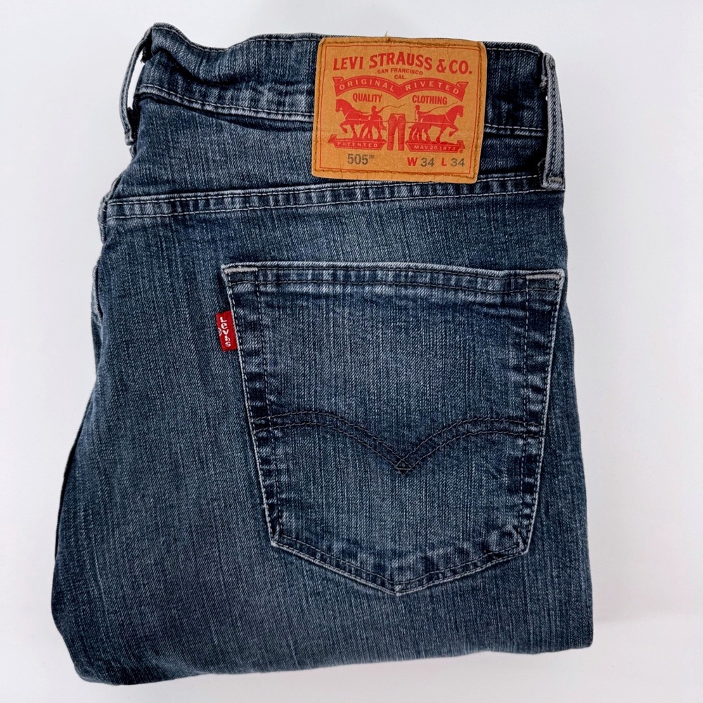 Levis 505 Regular Fit Straight Leg Mens 34x33 Dark Wash Blue Denim Jeans Stretch